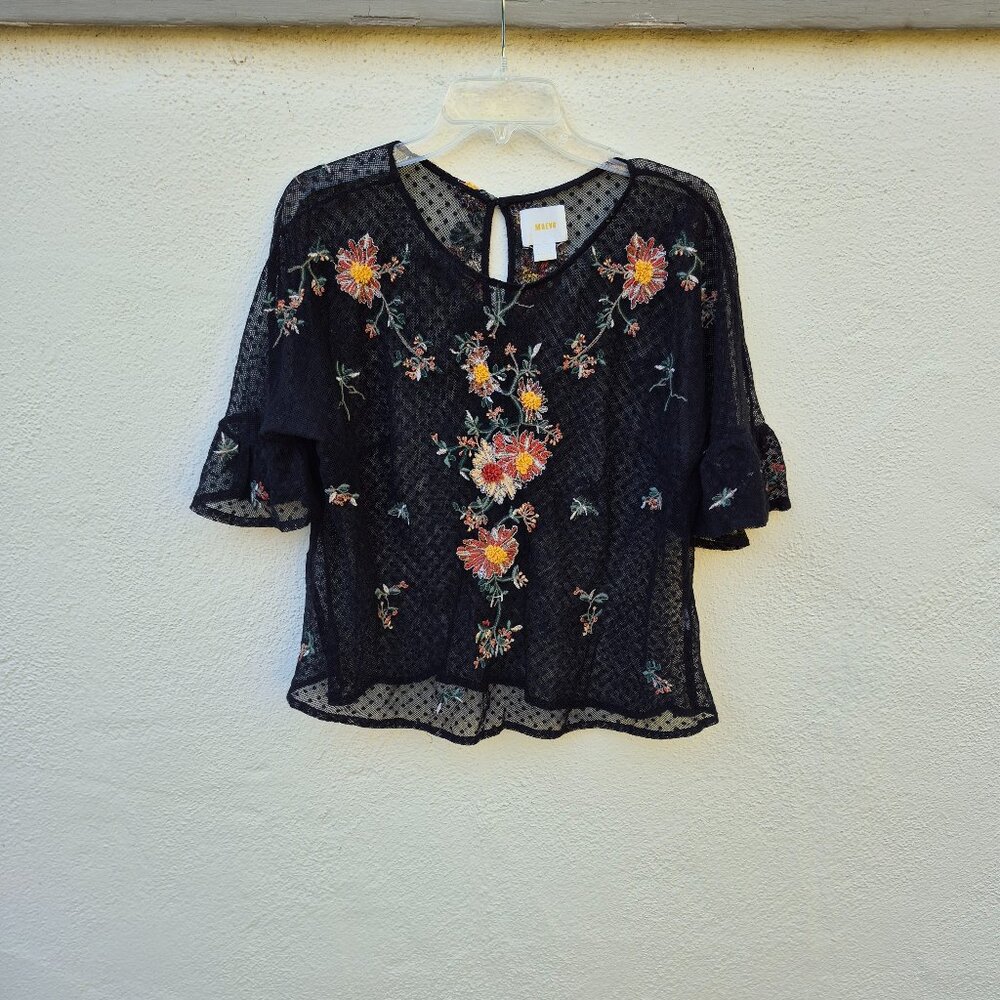 Anthro Maeve Floral Embroidered Black Mesh Sheer Blouse Top Romantic Whimsigoth